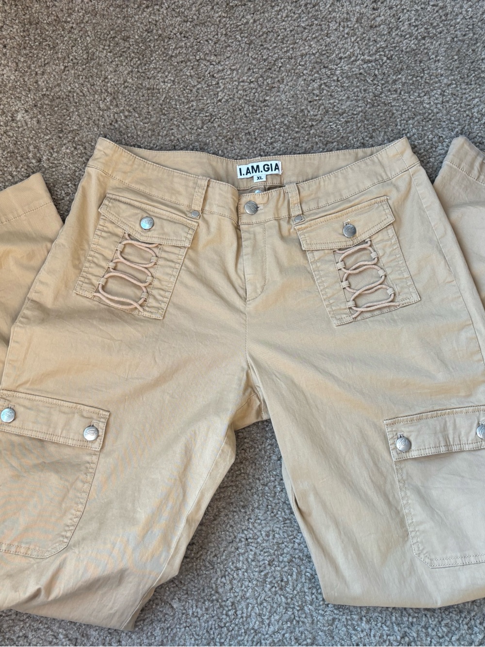 I.AM.GIA Tan Cargo Pants XL Lace Up Wide Leg Utility Y2K